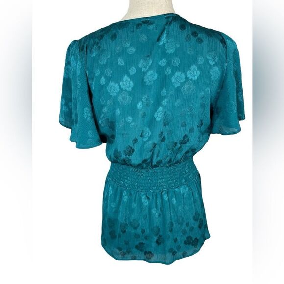 Max Studio Teal Blue Jacquard Chiffon Wrap Style Flutter Sleeve Blouse - Picture 5 of 11